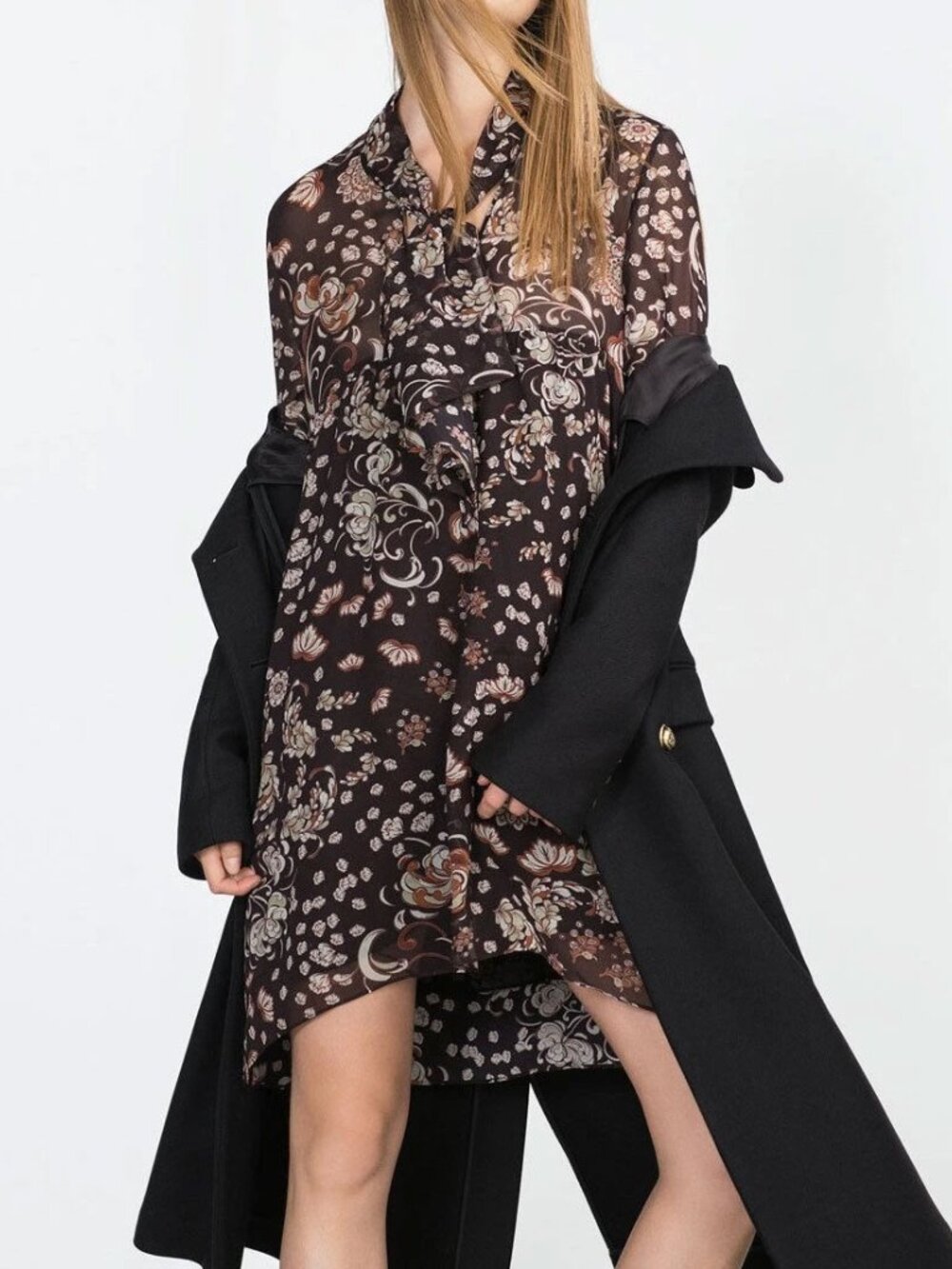Zara Floral Tie Neck Mini Dress Dark Brown Long Sleeve Boho